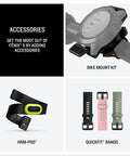Accessories for Fenix 8 Multisport GPS Smartwatch with 1.4 Inch AMOLED Display showing bike mount, HRM-Pro, and QuickFit bands.