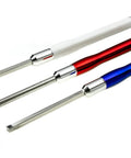 Three carbide woodturning tools with white, red, and blue colored handles for acrylic/resin turning.