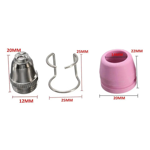Durable Plasma Cutter Consumable Kit Featuring High Grade Torch Tips And Nozzles For SG 55 AG 60 WSD 60p Machines, includes nozzle, clip, and tip.