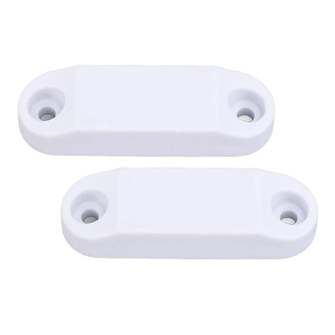 Magnetic Door Catch for RVs and Trailers, strong magnetic closure latch for cargo doors, shown in white plastic, 2 set pack