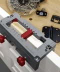 Dual Clamping Door Hinge Jig Plus Hinge Mortiser For Standard Doors Easy Setup Complete Installation Kit shown on door edge