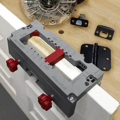 Dual Clamping Door Hinge Jig Plus Hinge Mortiser For Standard Doors Easy Setup Complete Installation Kit shown on door edge