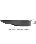 Side view of Low Profile Oil Drain Pan With Gooseneck Design 2.8 Quart showing 2-3/4 inch height, ideal for slipping under vehicles.