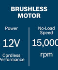 Brushless motor specifications including 12V power and 15,000 rpm no-load speed for Compact 12 Volt Max Brushless Right Angle Die Grinder.