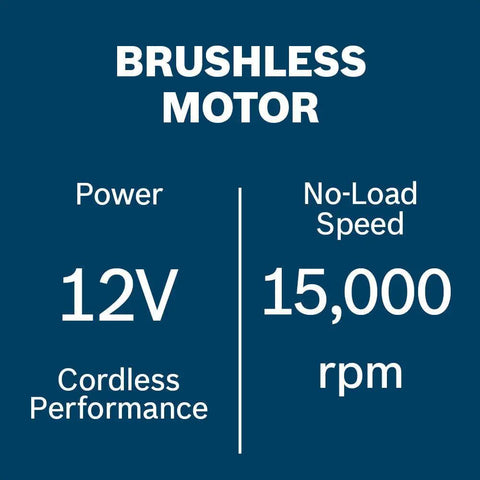 Brushless motor specifications including 12V power and 15,000 rpm no-load speed for Compact 12 Volt Max Brushless Right Angle Die Grinder.