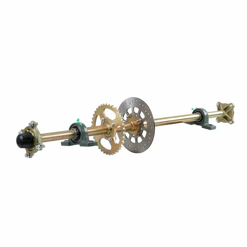 Beefed Up Rear Live Axle Kit For Go Karts With 530 Chain Sprocket, Big Brake Disc And Caliper, Hubs, visible components