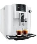 Straight Up Game Changer Automatic Espresso Coffee Maker With Easy Cappuccino Function And Premium Aroma Grinder In Sleek Piano White Finish, showcasing two cups of espresso.