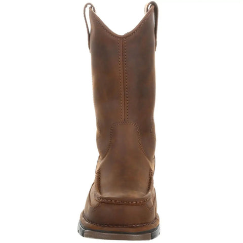 Men's Brown Moc Toe Work Boots Pull On Style With Back Zipper Electrical Hazard Rated Flexible Unlined Sole Lightweight Ride Built Tough For Long Hard Shifts