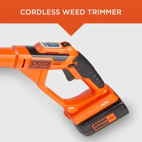 Close-up view of the handle and battery compartment of a 40V Max String Trimmer And Lawn Edger With 13 Inch Cutting Swath And Far Reach For Easy Edging And Weed Removal Battery And Charger Not Included Lightweight Power Tool For Quick Yard Cleanup.