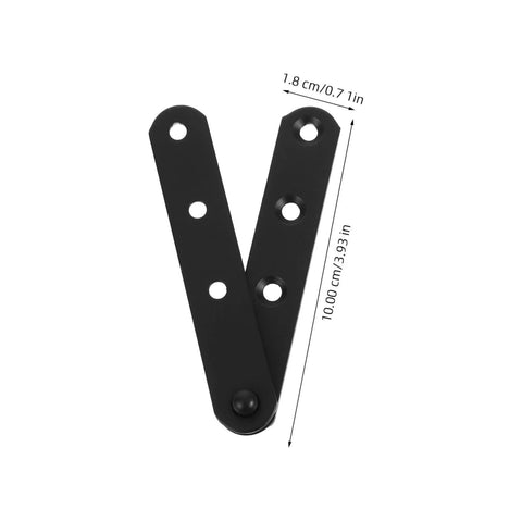 Front view of two black metal concealed cabinet hinges with screw holes; 10 cm long, 1.8 cm wide.