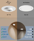 4 Inch Led Recessed Lights Dimmable 12 Pack Ultra Thin With Junction Box Adjustable Trim 5 Color Temperature 2700K To 5000K ETL Certified Perfect For Bedroom Bathroom Kitchen Hallway And More showing tilt and non-tilt options and installation in room.
