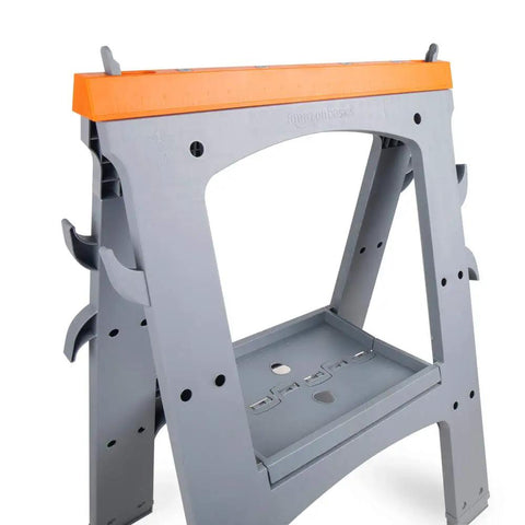 Heavy Duty Rectangular Folding Sawhorse Set Of Two Serving Up A Badass Nine Hundred Pound Weight Limit Along With Grippy Nonskid Bottoms For Smooth Jobsite Grinds, gray with orange top