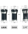 Top Shelf Six Piece Router Collet Adapter Kit For Woodworking Trimmers And Engraving Machines Featuring Slick Split Bushing Upgrades, showing 6mm, 8mm, and 6.35mm collets.
