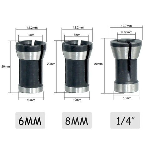 Top Shelf Six Piece Router Collet Adapter Kit For Woodworking Trimmers And Engraving Machines Featuring Slick Split Bushing Upgrades, showing 6mm, 8mm, and 6.35mm collets.