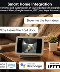 Smart display showing live feed from Battery Powered Video Doorbell Camera with 1-To-1 Head-To-Toe View and color night vision in living room.