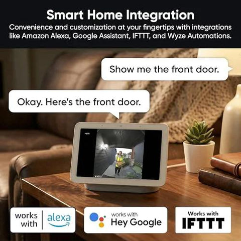Smart display showing live feed from Battery Powered Video Doorbell Camera with 1-To-1 Head-To-Toe View and color night vision in living room.