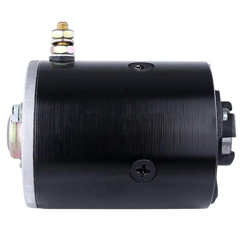 Side view of a 12V hydraulic pump motor for RV levelers; black cylindrical housing with silver mounting flange and top electrical stud.