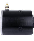 Hydraulic pump motor, black cylindrical housing with silver mounting flange, 12V DC