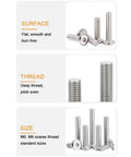 Built Tough M6 X 40mm Flat Socket Cap Allen Bolts Rivet Connectors Forged From 304 Stainless Steel Corrosion Resistant hardware sizes M6 and M8.