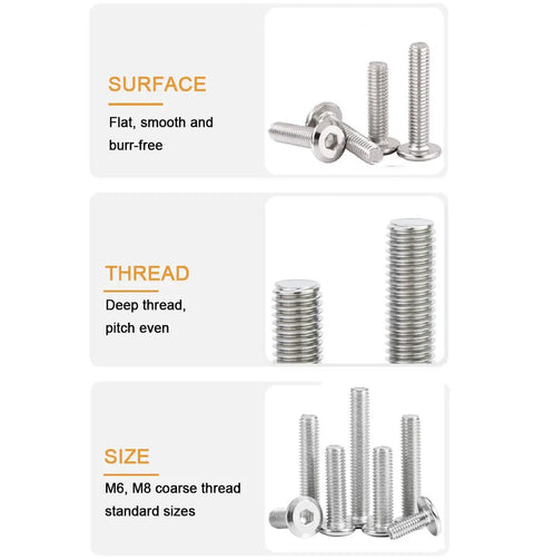 Built Tough M6 X 40mm Flat Socket Cap Allen Bolts Rivet Connectors Forged From 304 Stainless Steel Corrosion Resistant hardware sizes M6 and M8.