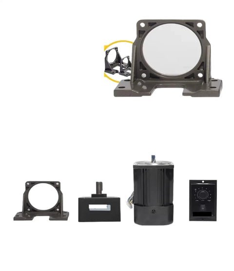 Built Tough 60W Asynchronous Geared Motor 220V AC Featuring Adjustable US 52 Governor and Heavy Duty Mounting Bracket, components and controls displayed.