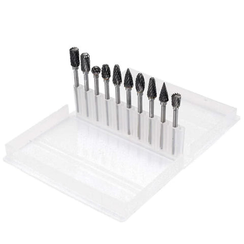 Front view of a 10-piece carbide rotary burr set with 1/8 in shanks and 1/4 in head length in a clear plastic case