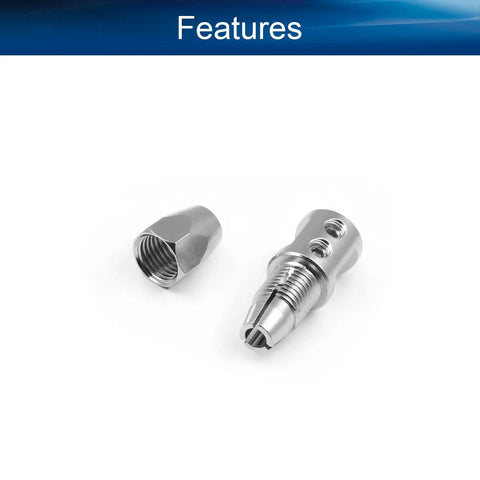 Flex Collet Coupler CNC Stainless Steel For 5mm Motor Shaft And 4mm Flex Shaft, 32mm Length, shown disassembled on white background.