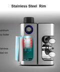 Inside view of the semi automatic espresso machine, featuring aluminum alloy boiler and stainless steel rim.