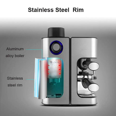 Inside view of the semi automatic espresso machine, featuring aluminum alloy boiler and stainless steel rim.