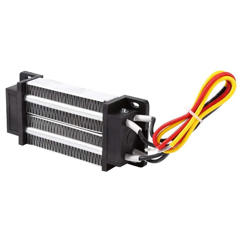12V ceramic PTC air heater element with black mounting frame, three metal fins, and red, yellow, black leads