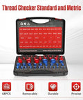 48-piece thread checker set for nuts and bolts in a black case; red and blue gauges; standard inch and metric sizes