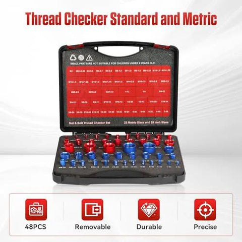 48-piece thread checker set for nuts and bolts in a black case; red and blue gauges; standard inch and metric sizes