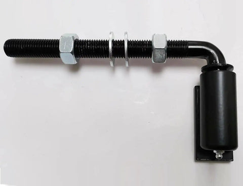 Close-up of Built Like A Tank Universal Steel J Bolt Gate Hinge with threaded rod, nuts, and pivot for heavy gates.