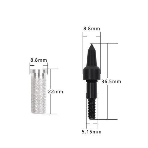 Close-up of 12 Pack Pro Grade Aluminum Arrow Inserts For ID 7.6mm Carbon Arrows And Crossbow Tips, showing dimensions.