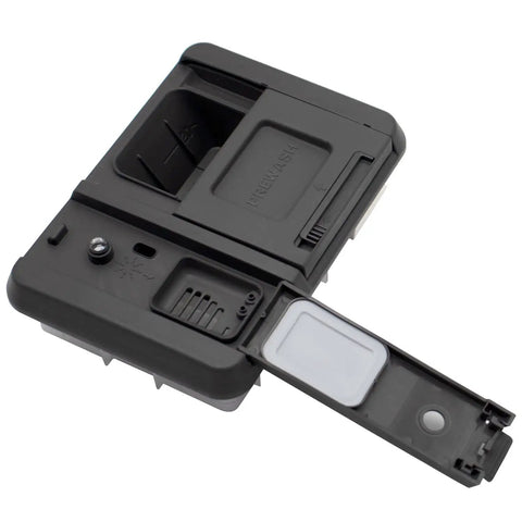 Black plastic W11412300 W11092649 Dishwasher Detergent Dispenser Replacement Fits Most 120 Volt 60 Hz Dishwashers with open latch