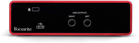 Scarlett Solo 3rd Gen USB Audio Interface Bundle With LyxPro Cardioid Condenser Mic, Shock Mount, Dual Layer Pop Filter, XLR Cable, Height Adjustable Metal Mic Stand, Studio Headphones, And Creative Software Kit Great For Home Studio Recording, back panel with line outputs in red casing