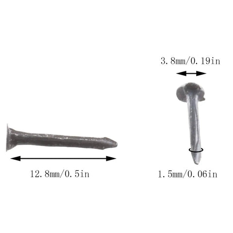 Side and top view of 500 Pack Black Iron Nail Tacks 13mm for Shoes Boots Soles Leather Heel Repair and Replacement Heavy Duty Rock Solid Metal Stud Nails.