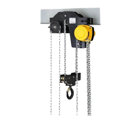Portable 3 Ton Mini Chain Hoist Built With Slick Gears And Kickass Steel Chains For Tight Low Headroom Shops, with chains and hoisting hook.