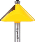 Chamfer Router Bit 45 Degree Edge Forming With One Half Inch Shank For Bevels And 90 Degree Miter Joints Up To One And Three Sixteenths Inch Thick Stock Two Flute Carbide Cutters Premium C3 Micro Carbide For Clean Sharp Edges in a front view, showing carbide cutters and shank.