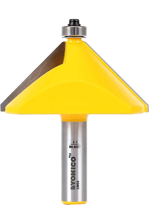 Chamfer Router Bit 45 Degree Edge Forming With One Half Inch Shank For Bevels And 90 Degree Miter Joints Up To One And Three Sixteenths Inch Thick Stock Two Flute Carbide Cutters Premium C3 Micro Carbide For Clean Sharp Edges in a front view, showing carbide cutters and shank.