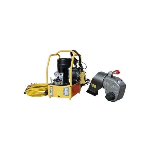 No Hassle Hydraulic Electric Torque Wrench One Point Five Inch Square Drive Automatic Ratcheting Lightweight Alloy Tool setup with hydraulic pump.