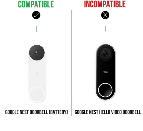 Comparison image showing Google Nest Doorbell Battery as compatible and Google Nest Hello Video Doorbell as incompatible for No Drill Doorbell Mount.