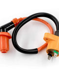 High Performance Racing AC CDI Box 6 Pin With Ignition Coil And 3 Electrode Spark Plug for GY6 engines, coiled ignition wire view.