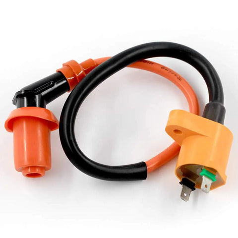 High Performance Racing AC CDI Box 6 Pin With Ignition Coil And 3 Electrode Spark Plug for GY6 engines, coiled ignition wire view.