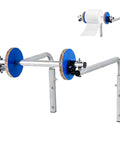 Wall Mounted Bubble Wrap Dispenser Heavy Duty Foam Film Packing Stand Galvanized Steel with blue wheels and smooth operation.