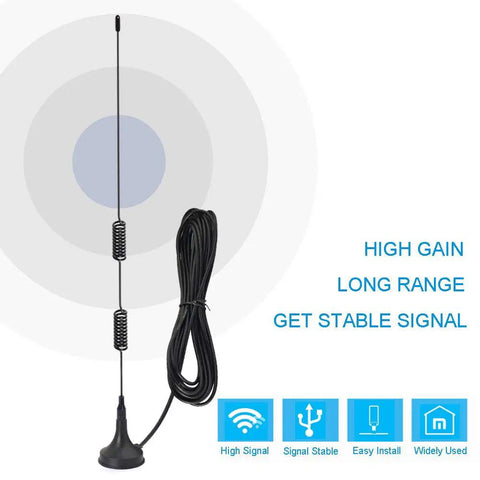 Rad VHF UHF Ham Radio Scanner Antenna With Magnetic Base And BNC Male Connector, 50 Ohm, 3m Cable, shown with high gain label.