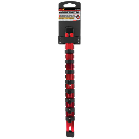Top Shelf Dual Sided Aluminum Socket Rail Organizer With Quick Grip Clips Holds Up To Sixteen Standard Three Eight Drive Sockets No Fuss Garage Layout For Mechanics And Weekend Warriors