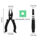Handheld Circle Hole Puncher One Quarter Inch With Soft Grip Handle for paper crafts, black metal body, side and front view with dimensions