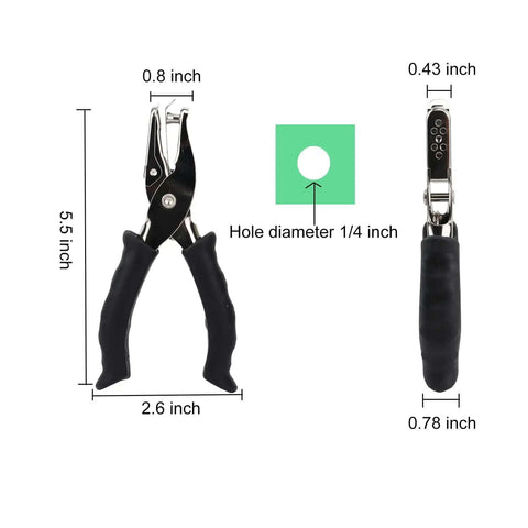Handheld Circle Hole Puncher One Quarter Inch With Soft Grip Handle for paper crafts, black metal body, side and front view with dimensions