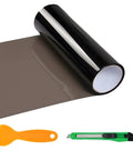 12X48 Inch Matte Black Taillight Tint Film Kit With Squeegee And Cutter on a flat surface, showing film roll and tools.